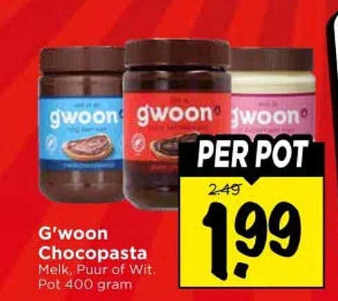 G'woon Chocopasta Melk, Puur of Wit, Pot 400 gram