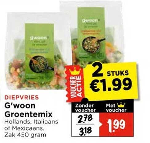 G'woon Groentemix Hollands, Italiaans of Mexicaans. Zak 450 gram 2 stuks €1,99