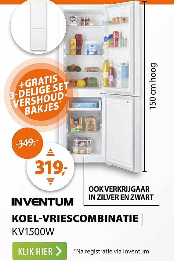 Inventum koel-vriescombinatie KV1500W + gratis 3-delige set vershoud bakjes
