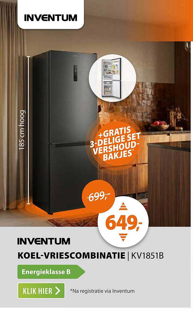 INVENTUM KOEL-VRIESCOMBINATIE | KV1851B +GRATIS 3-DELIGE VERSHOUDBAKJES*