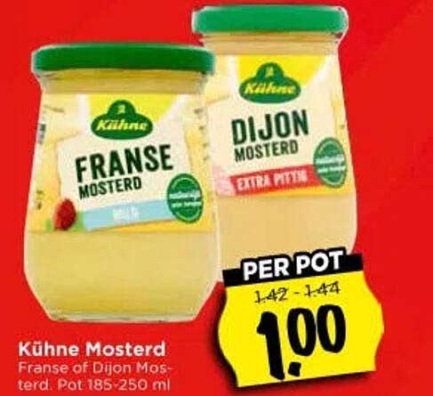 Kühne Mosterd Franse of Dijon Mosterd. Pot 185-250 ml PER POT