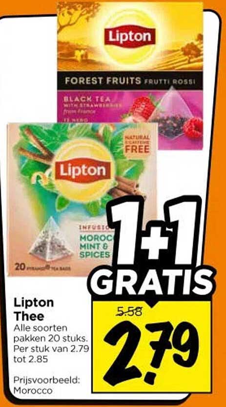 Lipton Thee Alle soorten pakken 20 stuks. Per stuk van 2.79 tot 2.85 1+1 GRATIS