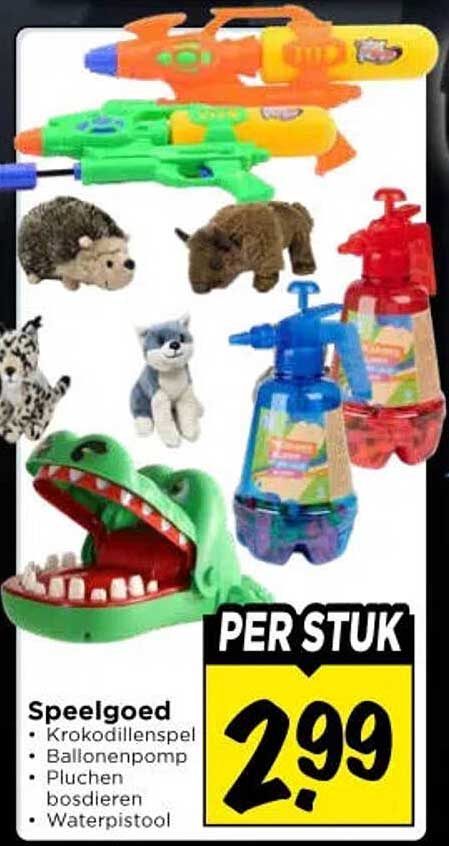 Speelgoed - Krokodillenspel, Ballonnenpomp, Pluchen bosdieren, Waterpistool