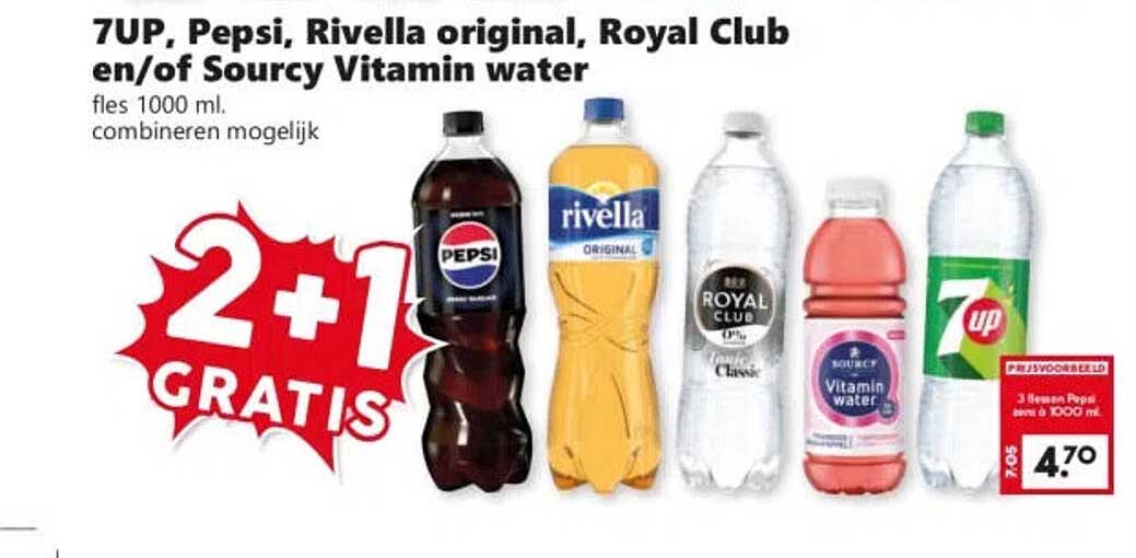 7UP, Pepsi, Rivella original, Royal Club en/of Sourcy Vitamin water 2+1 gratis
