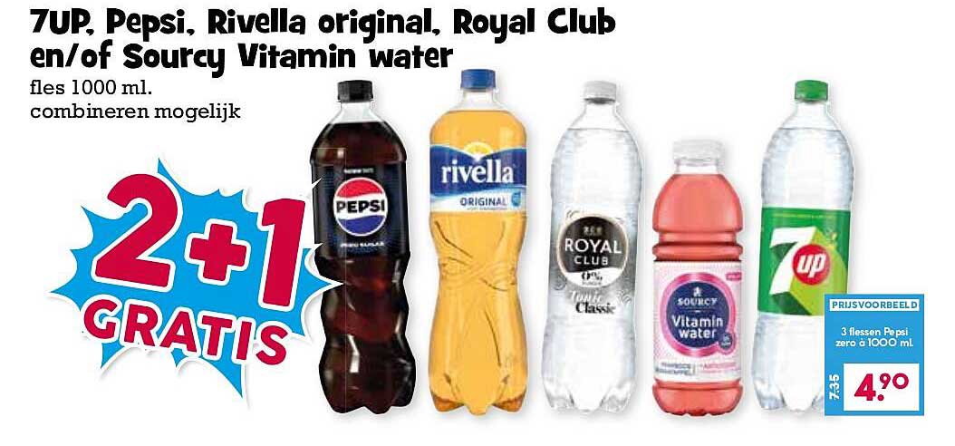 7UP, Pepsi, Rivella original, Royal Club en/of Sourcy Vitamin water 2+1 gratis
