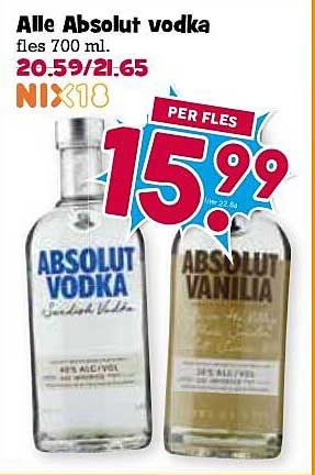 Alle Absolut vodka fles 700 ml. NIX18 per fles