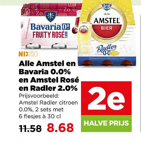 Alle Amstel en Bavaria 0.0% en Amstel Rosé en Radler 2.0% 2e halve prijs