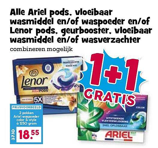Alle Ariel pods, vloeibaar wasmiddel en/of waspoeder en/of Lenor pods, geurbooster, vloeibaar wasmiddel en/of wasverzachter combineren mogelijk 1+1 GRATIS