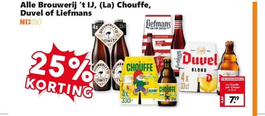 Alle Brouwerij ’t IJ, (La) Chouffe, Duvel of Liefmans 25% korting