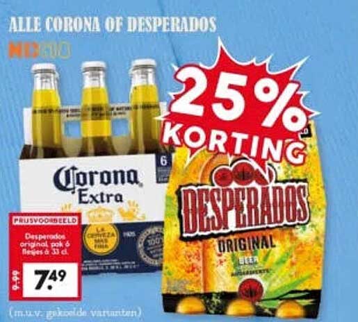 Alle Corona of Desperados 25% korting