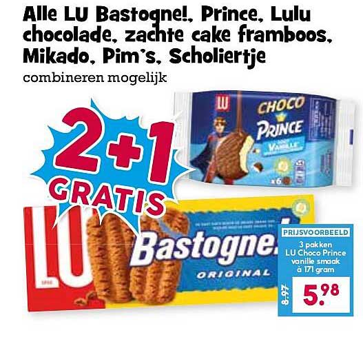 Alle LU Bastogne!, Prince, Lulu choco lade, zachte cake framboos, Mikado, Pim's, Scholiertje combineren mogelijk 2+1 gratis