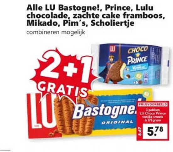 Alle LU Bastogne!, Prince, Luluchocolade, zachte cake framboos, Mikado, Pim’s, Scholiertje combineren mogelijk 2+1 GRATIS