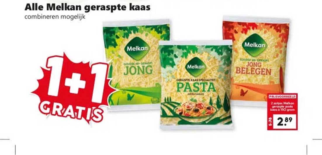 Alle Melkan geraspte kaas combineren mogelijk 1+1 gratis