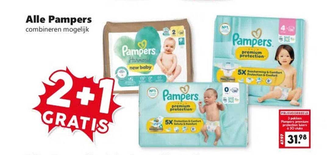 Alle Pampers combineren mogelijk 2+1 GRATIS