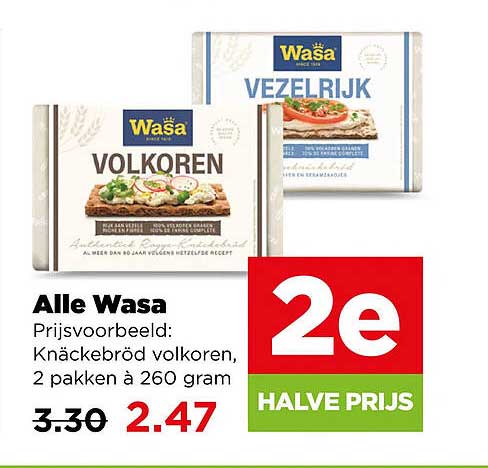 Alle Wasa Prijsvoorbeeld: Knäckebröd volkoren, 2 pakken à 260 gram 2e halve prijs