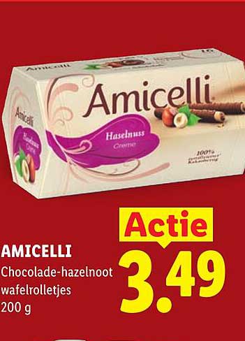 AMICELLI Chocolade-hazelnoot wafelrolletjes 200 g Actie