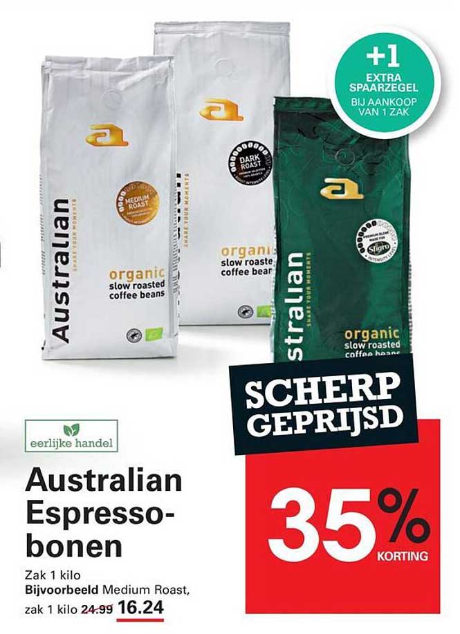 Australian Espresso-bonen 35% korting +1 extra spaarzegel bij aankoop van 1 zak