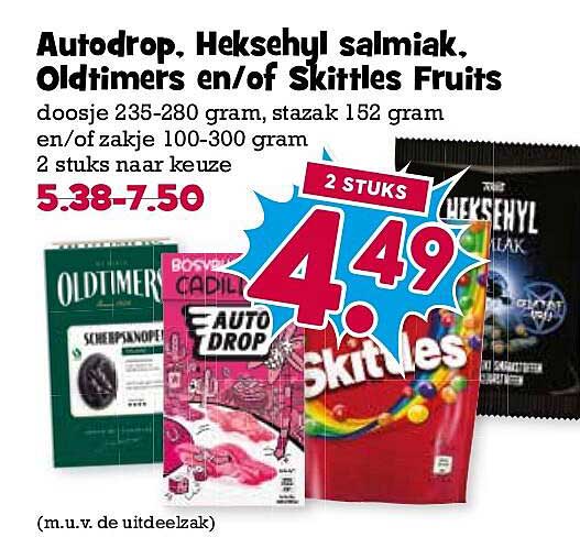 Autodrop, Heksehyl salmiak, Oldtimers en/of Skittles Fruits 2 STUKS