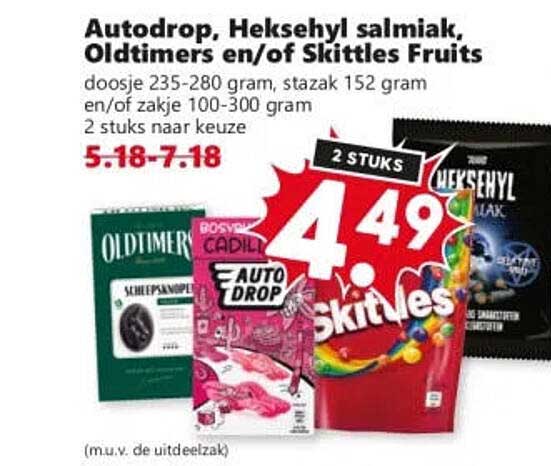 Autodrop, Heksehyl salmiak, Oldtimers en/of Skittles Fruits 2 stuks naar keuze