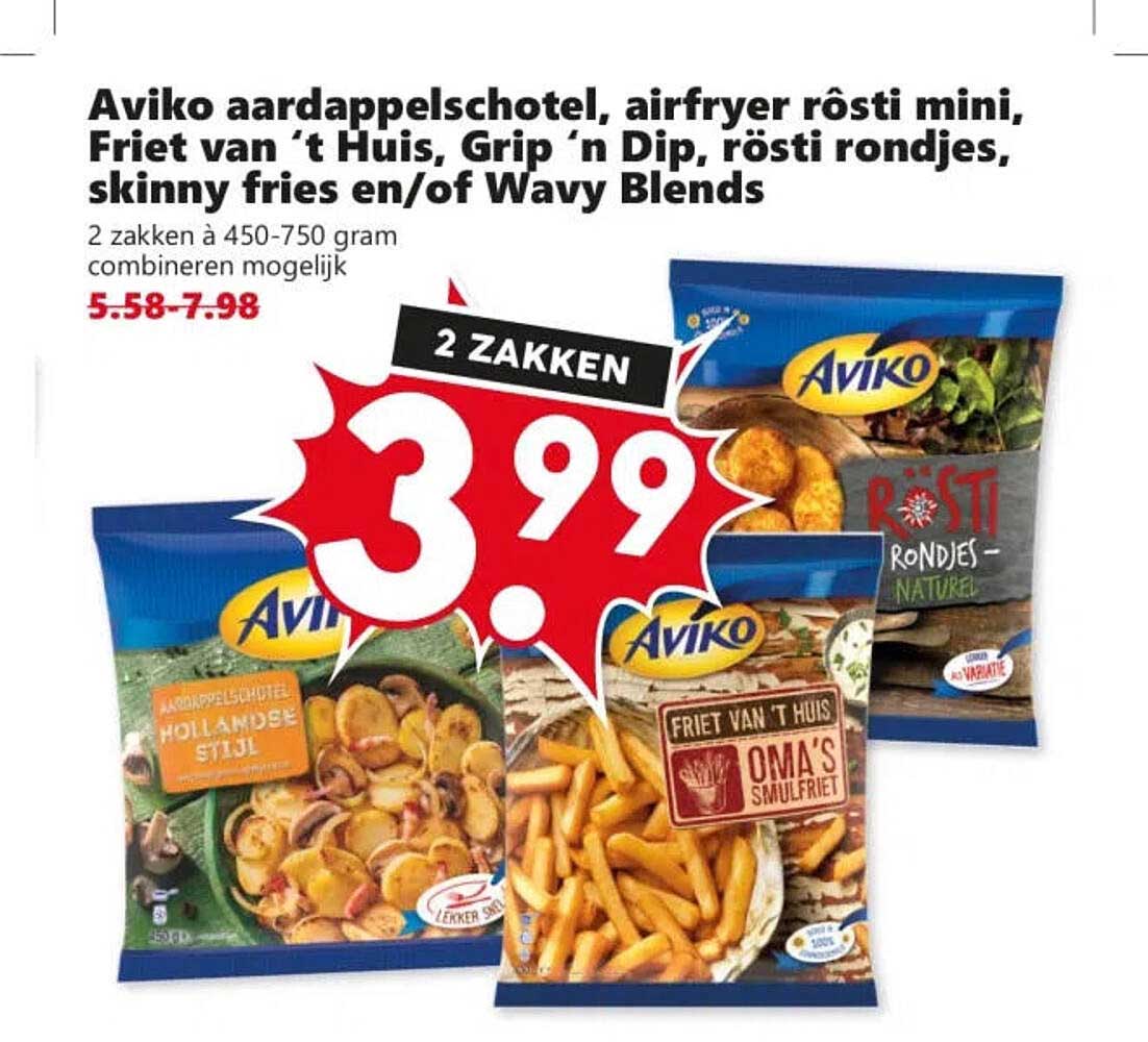 Aviko aardappelschotel, airfryer rösti mini, Friet van ’t Huis, Grip ’n Dip, rösti rondjes, skinny fries en/of Wavy Blends 2 ZAKKEN