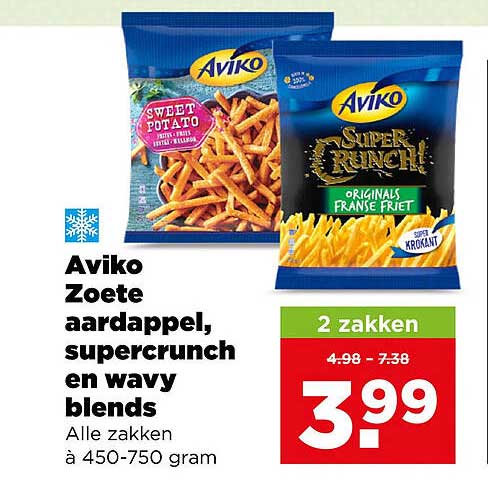 Aviko Zoete aardappel, supercrunch en wavy blends Alle zakken à 450-750 gram