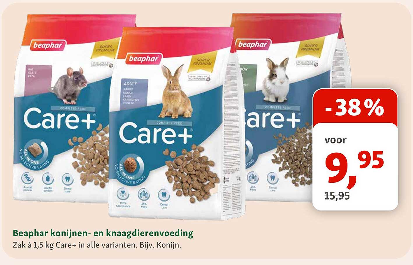 Beaphar konijnen- en knaagdierenvoeding Zak à 1,5 kg Care+ in alle varianten. Bijv. Konijn.