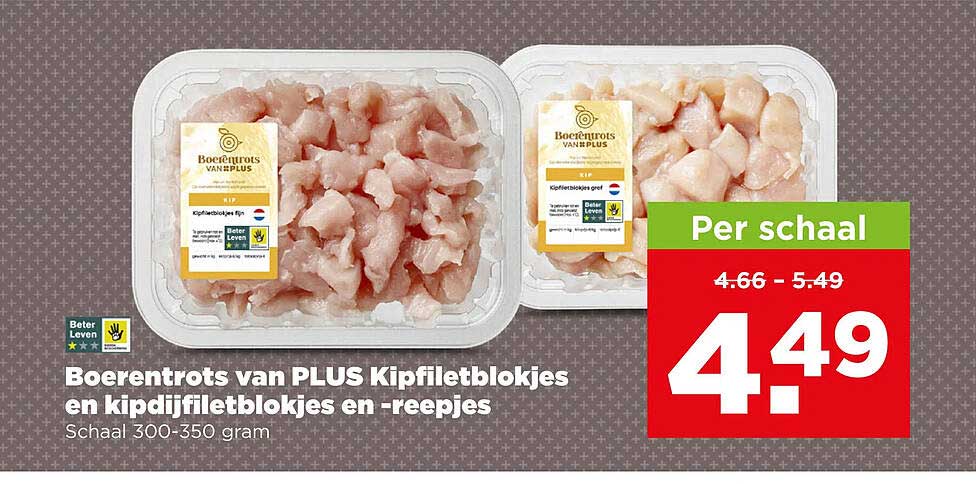 Boerentrots van PLUS Kipfiletblokjes en kipdijfiletblokjes en -reepjes