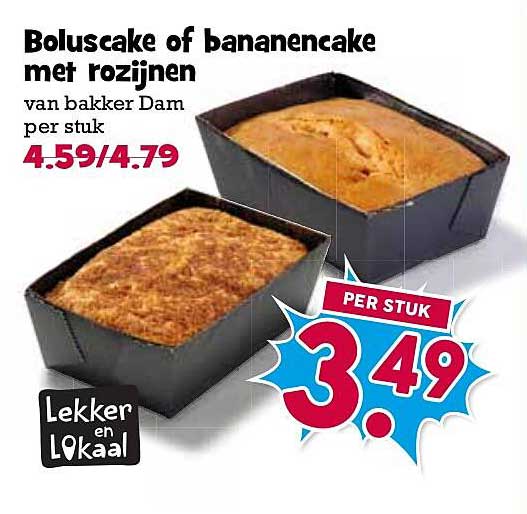 Boluscake of bananencake met rozijnen van bakker Dam per stuk