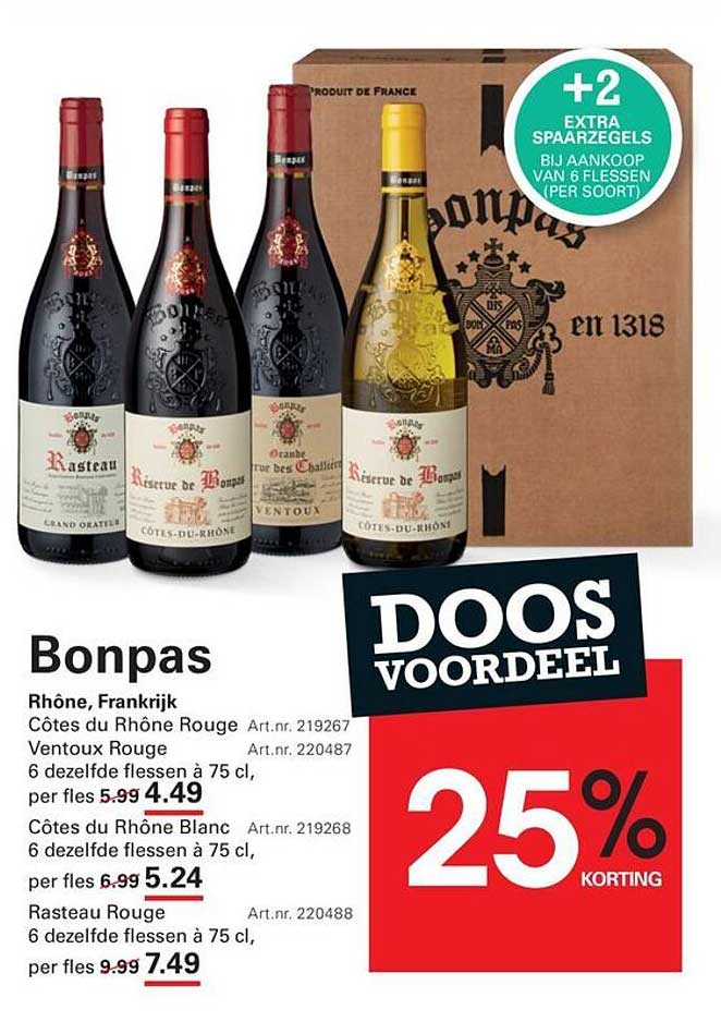 Bonpas Côte du Rhône Rouge, Ventoux Rouge, Côte du Rhône Blanc of Rasteau Rouge +2 extra spaarzegels bij aankoop van 6 flessen (per soort)
