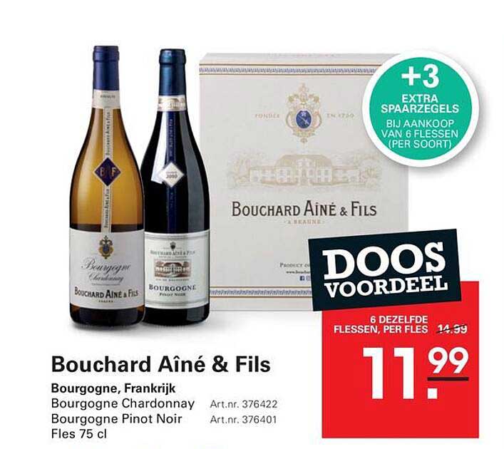 Bouchard Aîné & Fils Bourgogne, Frankrijk Bourgogne Chardonnay Bourgogne Pinot Noir Fles 75 cl DOOS VOORDEEL +3 EXTRA SPAARZEGELS BIJ AANKOOP VAN 6 FLESSEN (PER SOORT)