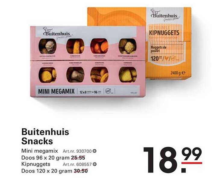 Buitenhuis Snacks Mini megamix Doos 96 x 20 gram en Kipnuggets Doos 120 x 20 gram