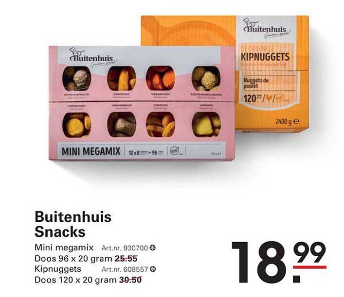 Buitenhuis Snacks Mini megamix Doos 96 x 20 gram Kipnuggets Doos 120 x 20 gram