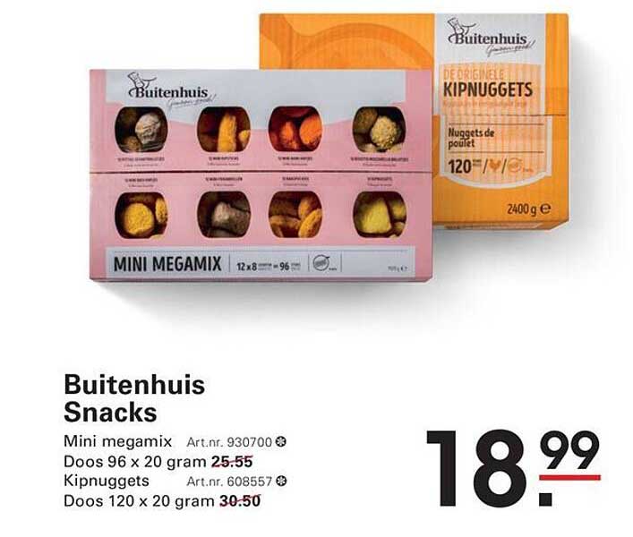 Buitenhuis Snacks Mini megamix Doos 96 x 20 gram Kipnuggets Doos 120 x 20 gram