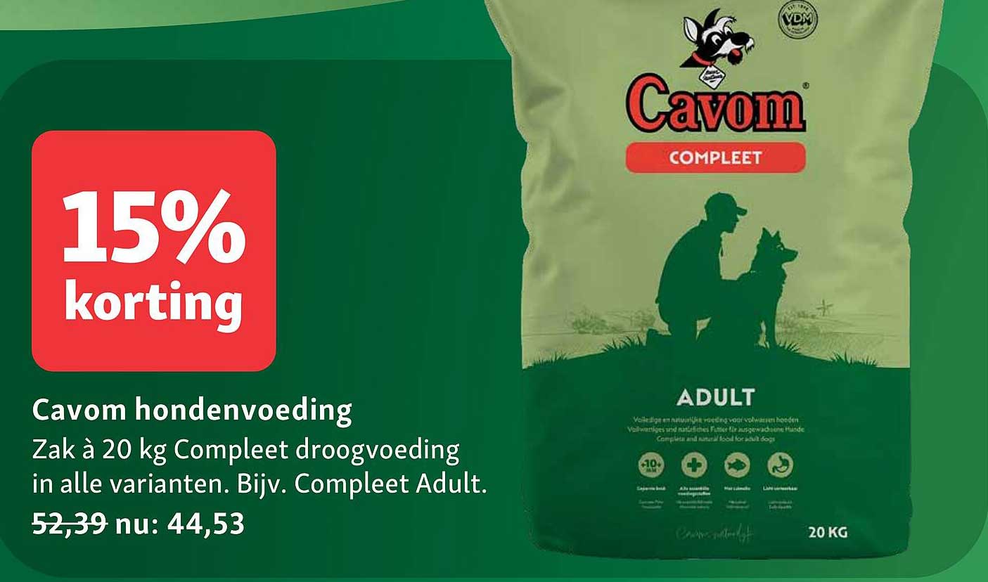 Cavom hondenvoeding Zak à 20 kg Compleet droogvoeding in alle varianten. Bijv. Compleet Adult. 15% korting