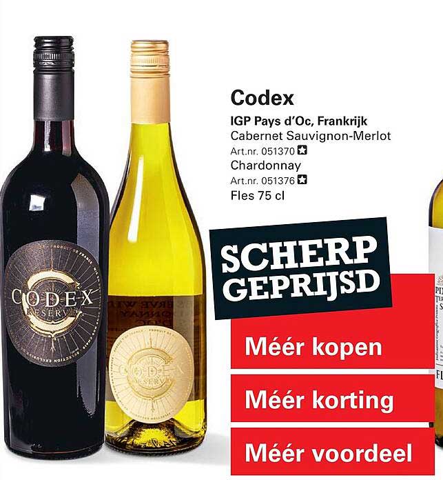 Codex IGP Pays d'Oc, Frankrijk Cabernet Sauvignon-Merlot Chardonnay Fles 75 cl SCHERP GEPRIJSD Méér kopen Méér korting Méér voordeel