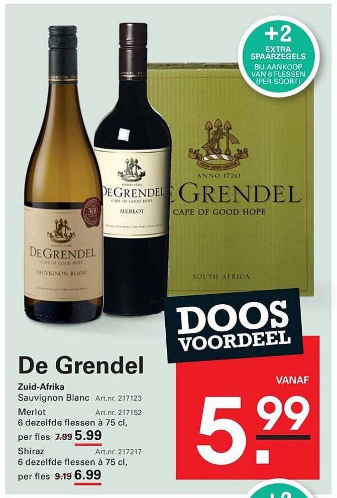 De Grendel Zuid-Afrika Sauvignon Blanc, Merlot, Shiraz - DOOS VOORDEEL +2 EXTRA SPAARREGELS BIJ AANKOOP VAN 6 FLESSEN (PER SOORT)