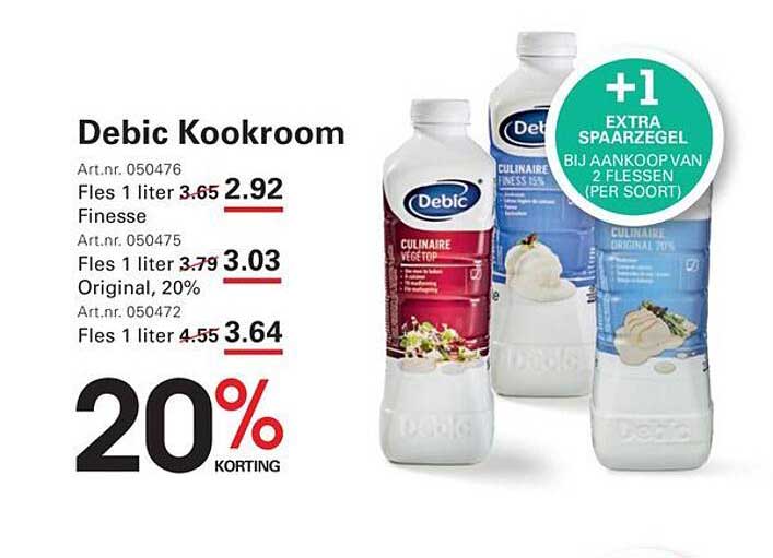 Debic Kookroom 20% korting +1 extra spaaregels bij aankoop van 2 flessen (per soort)