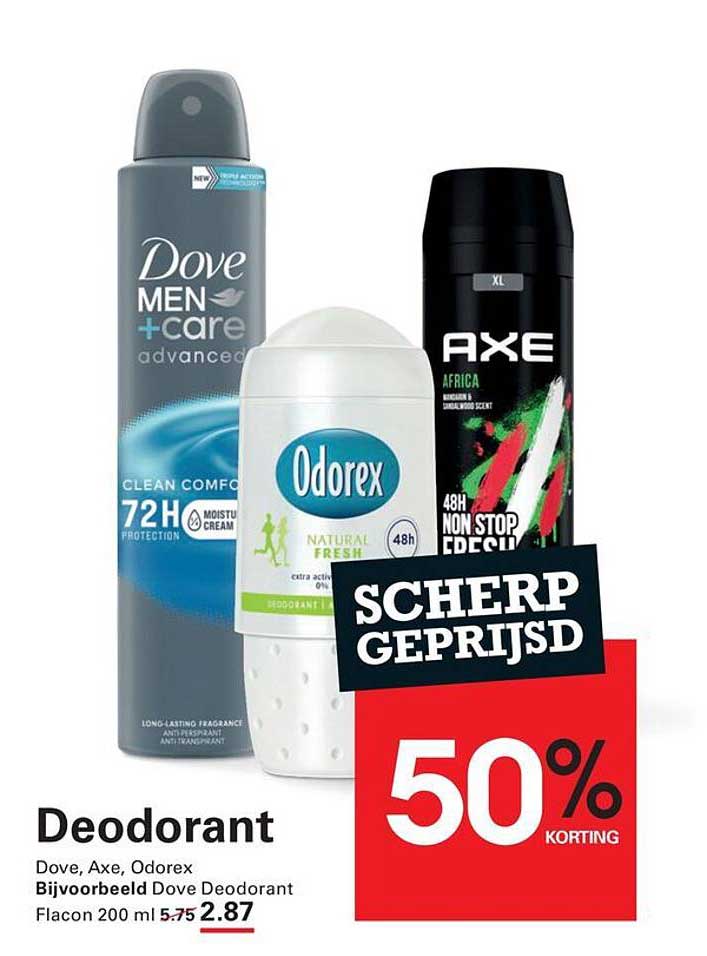 Deodorant Dove, Axe, Odorex Bijvoorbeeld Dove Deodorant Flacon 200 ml 50% korting
