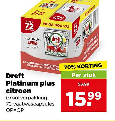 Dreft Platinum plus citroen Grootverpakking 72 vaatwascapsules OP=OP 70% KORTING Per stuk