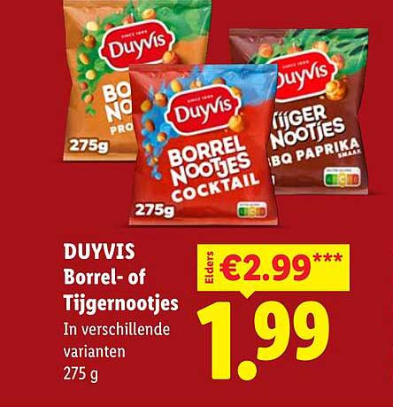DUYVIS Borrel- of Tijgernootjes In verschillende varianten 275 g