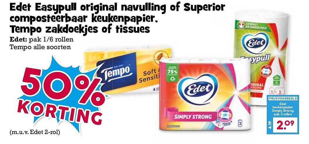 Edet Easypull original navulling of Superior composteerbaar keukenpapier, Tempo zakdoekjes of tissues 50% KORTING
