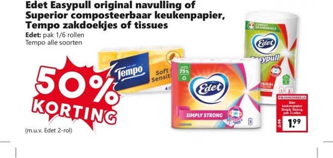 Edet Easypull original navulling of Superior composteerbaar keukenpapier, Tempo zakdoekjes of tissues 50% KORTING