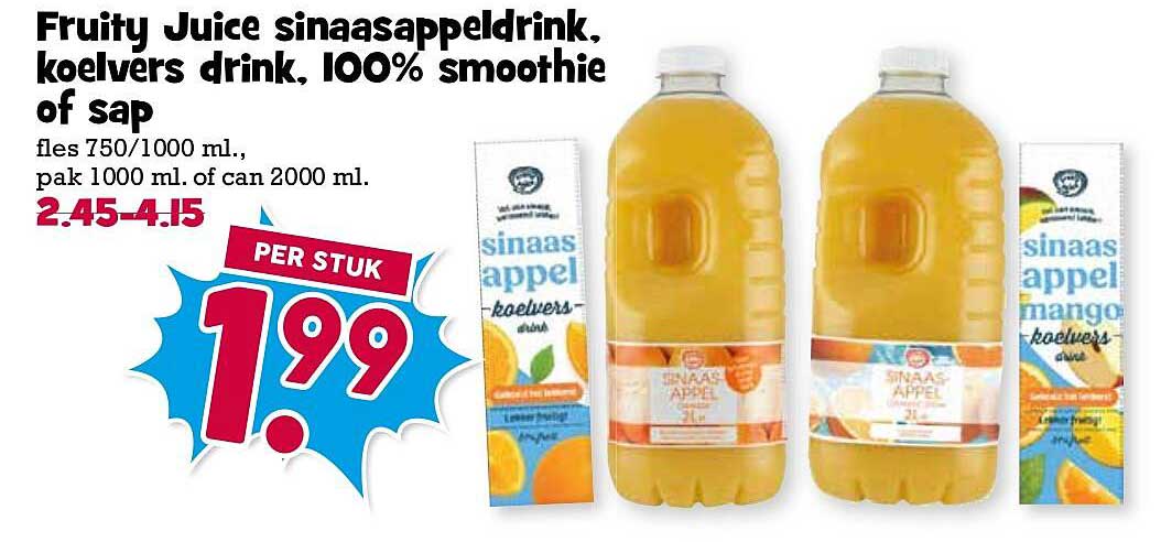 Fruity Juice sinaasappeldrink, koelvers drink, 100% smoothie of sap