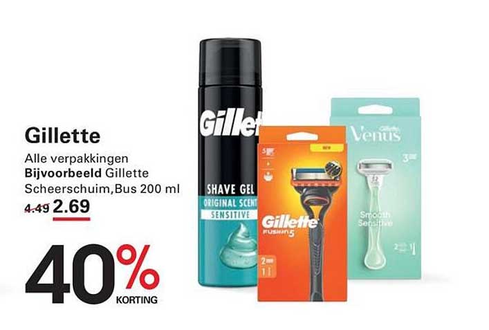 Gillette Alle verpakkingen Bijvoorbeeld Gillette Scheerschuim,Bus 200 ml 40% KORTING