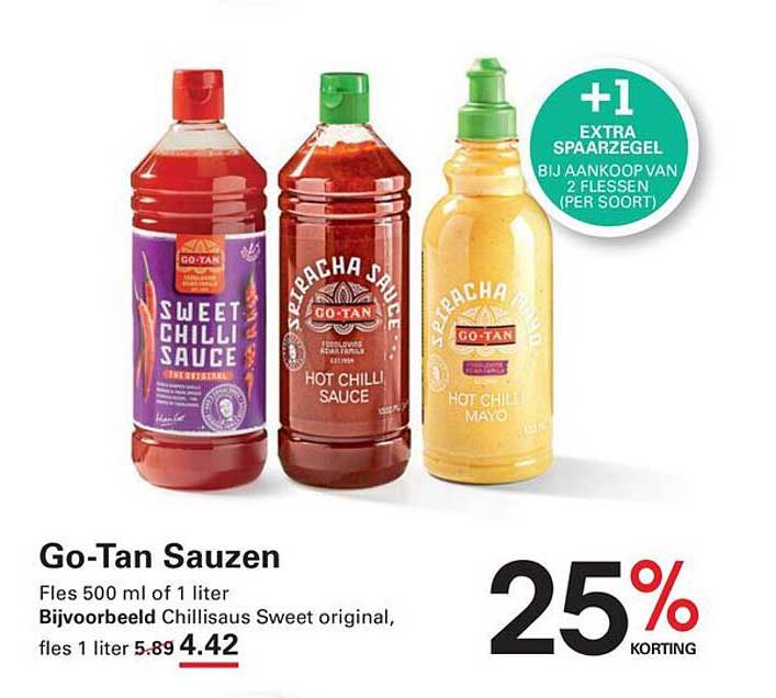 Go-Tan Sauzen 25% korting +1 extra spaarzegel bij aankoop van 2 flessen (per soort)