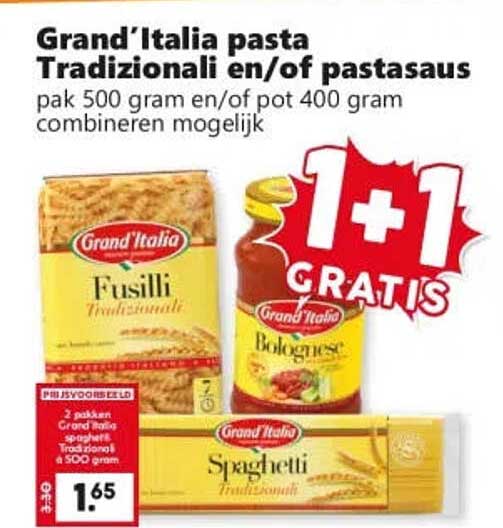 Grand'Italia pasta Tradizionali en/of pastasaus pak 500 gram en/of pot 400 gram combineren mogelijk 1+1 GRATIS