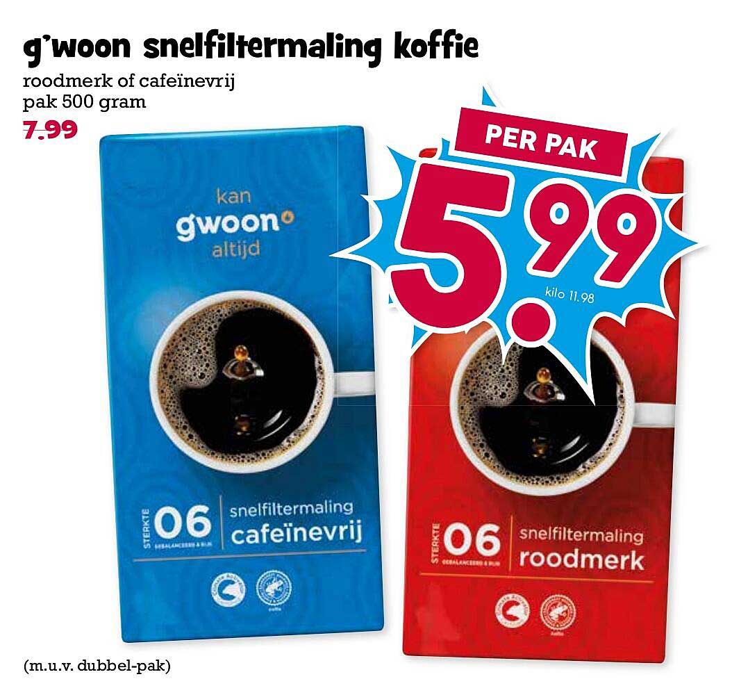 g'woon snelfiltermaling koffie roodmerk of cafeïnevrij pak 500 gram