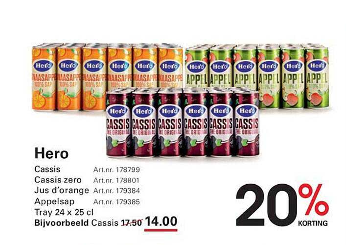 Hero Cassis, Cassis zero, Jus d’orange, Appelsap Tray 24 x 25 cl 20% KORTING
