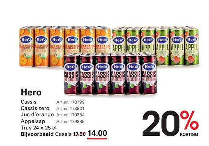 Hero Cassis, Cassis zero, Jus d’orange, Appelsap Tray 24 x 25 cl 20% korting