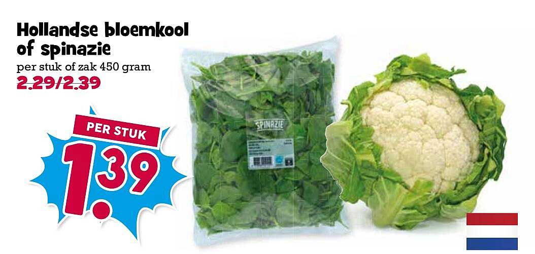 Hollandse bloemkool of spinazie per stuk of zak 450 gram